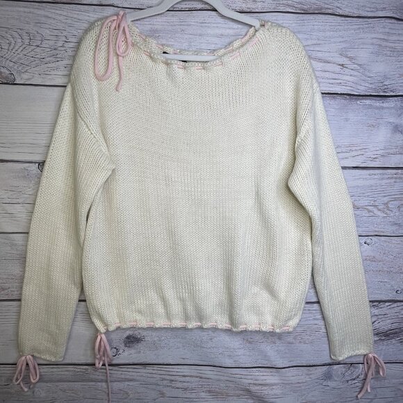 Forever‎ 21 Cream Knit Sweater Size M Bows Long Sleeve Fairy Coquette Whimsical - Picture 2 of 16